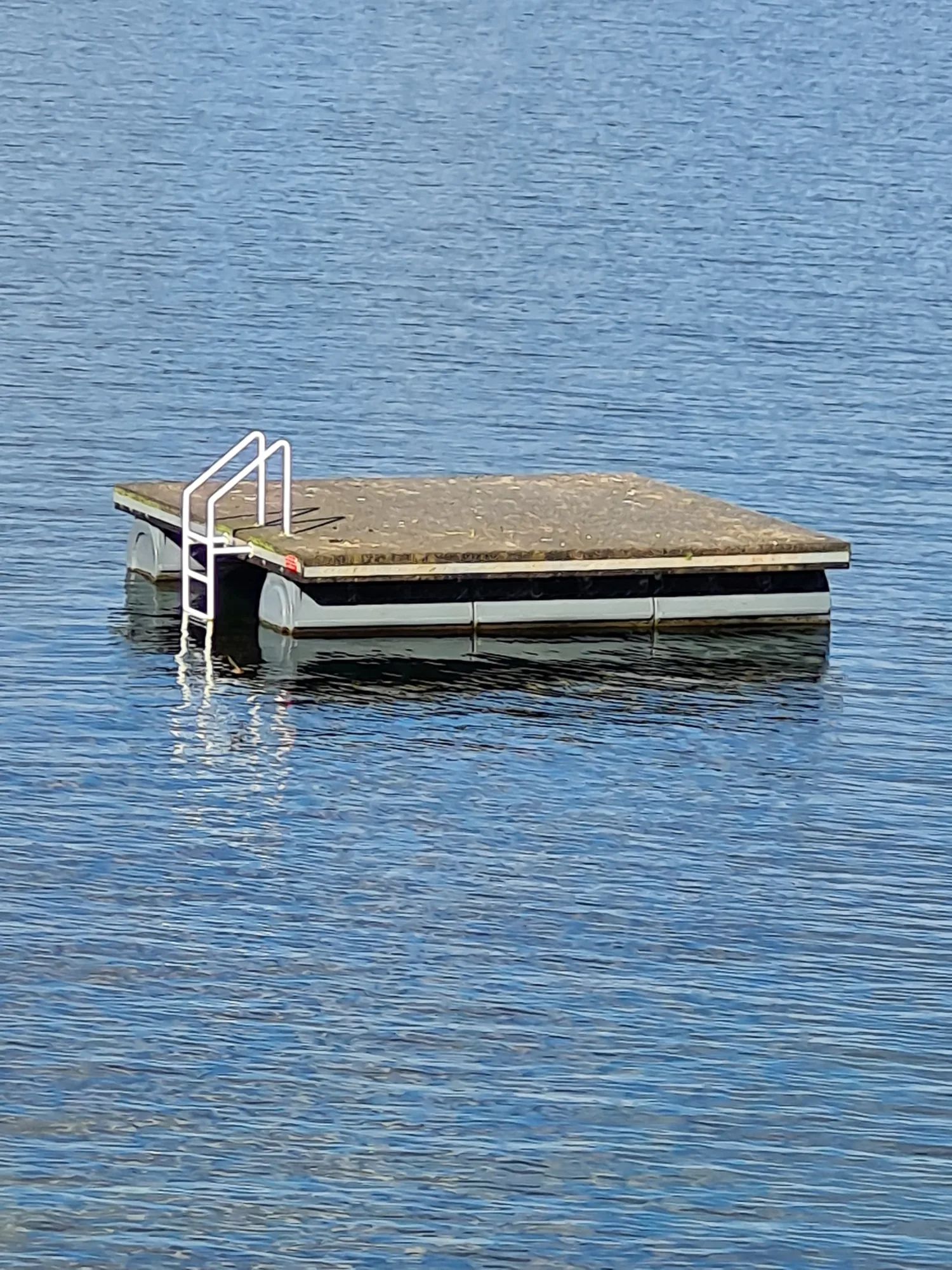 Timber swim raft with a boarding ladder, anchored offshore