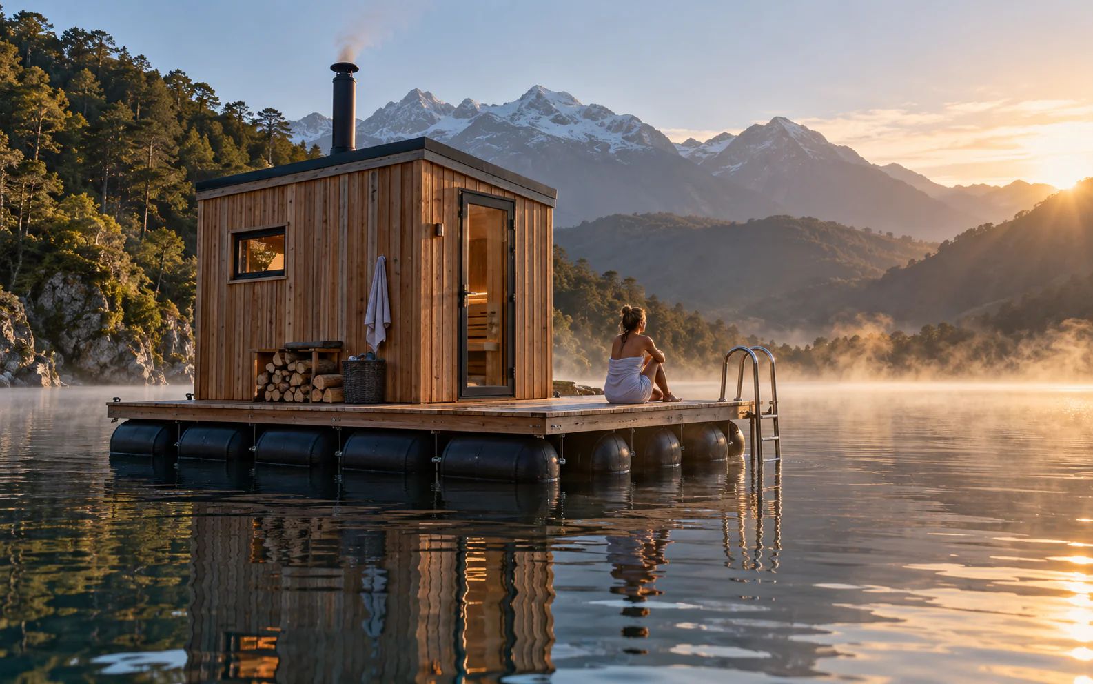 Illustration of a cedar sauna cabin on a timber deck floating on black pontoon pods on a mountain lake at sunrise