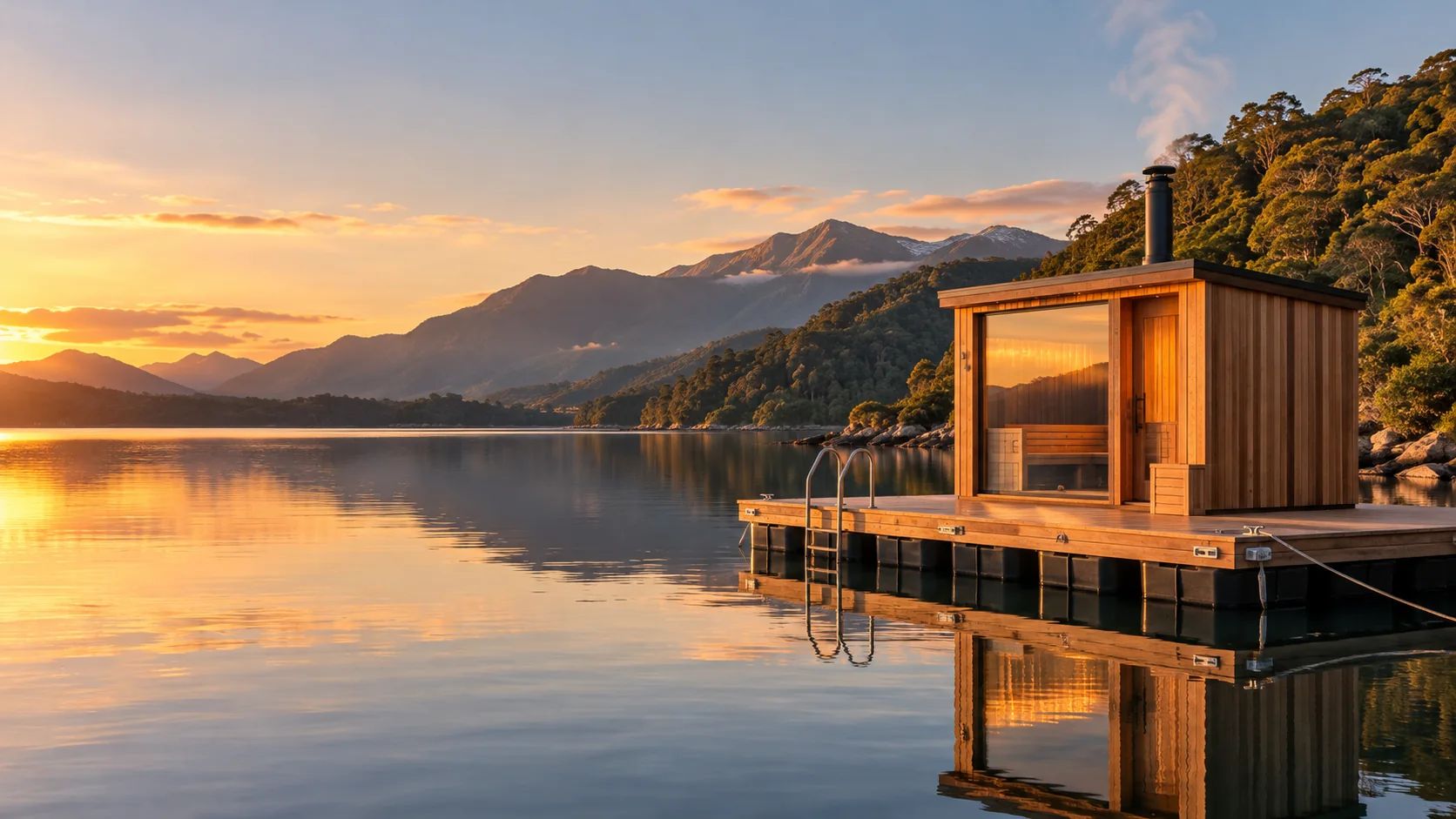 Illustration of a cedar sauna cabin on a floating pontoon deck on a mountain lake at golden hour